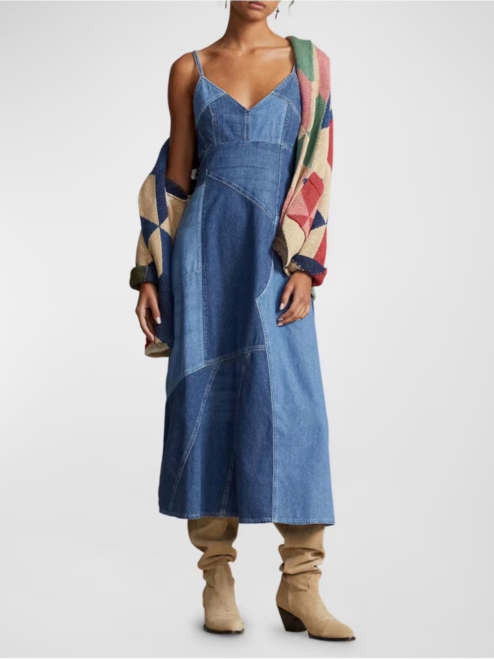Polo Ralph Lauren Denim Patchwork Sleeveless Dress Midi Cotton Casual Boho 12 L
